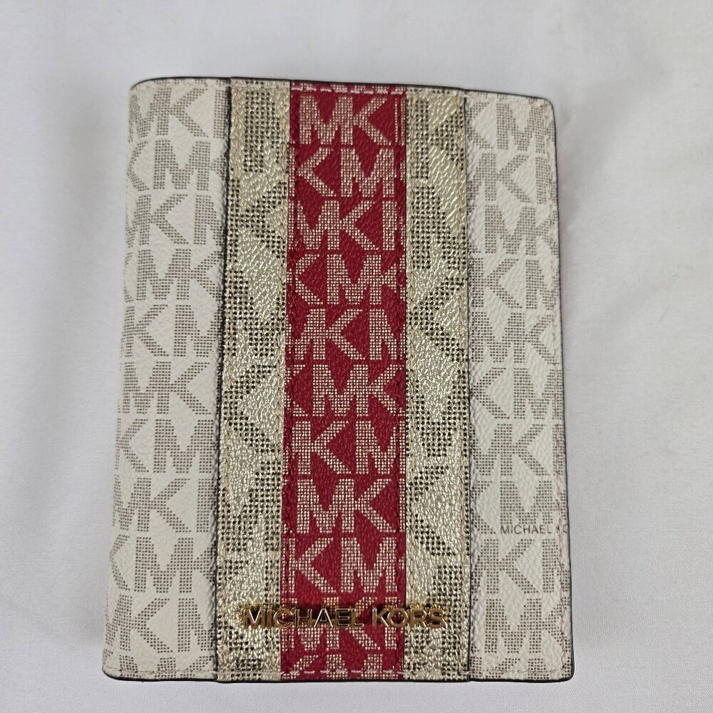 MICHAEL Michael Kors Jet Set Passport Holder Cream Red Gray Logo on Front NWOT